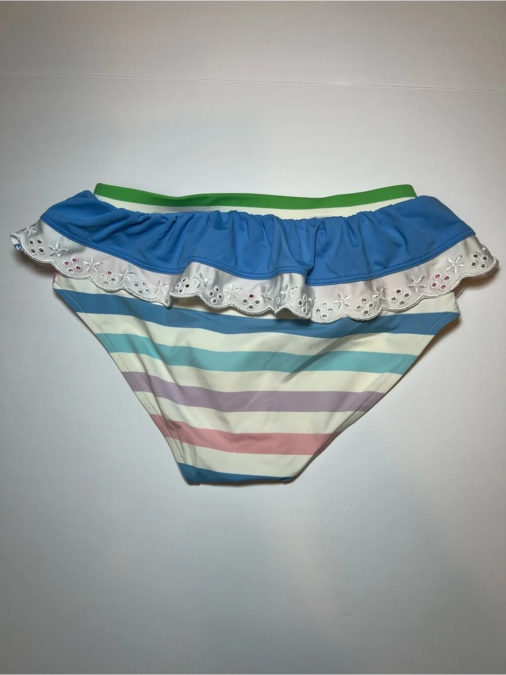 The Beaufort Bonnet Company Striped Ruffle Bikini Bottoms with white eyelet Trim